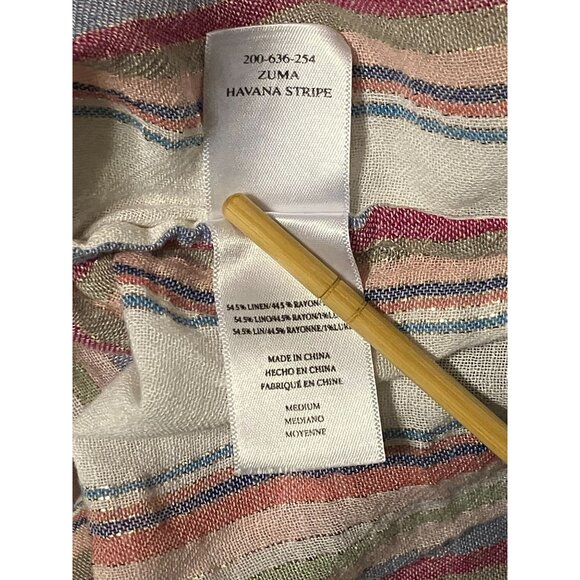 Rails Linen Blend Shirt M Crop Gold Trimmed Striped Gauzy Coastal Fairy Pastel - Picture 12 of 13